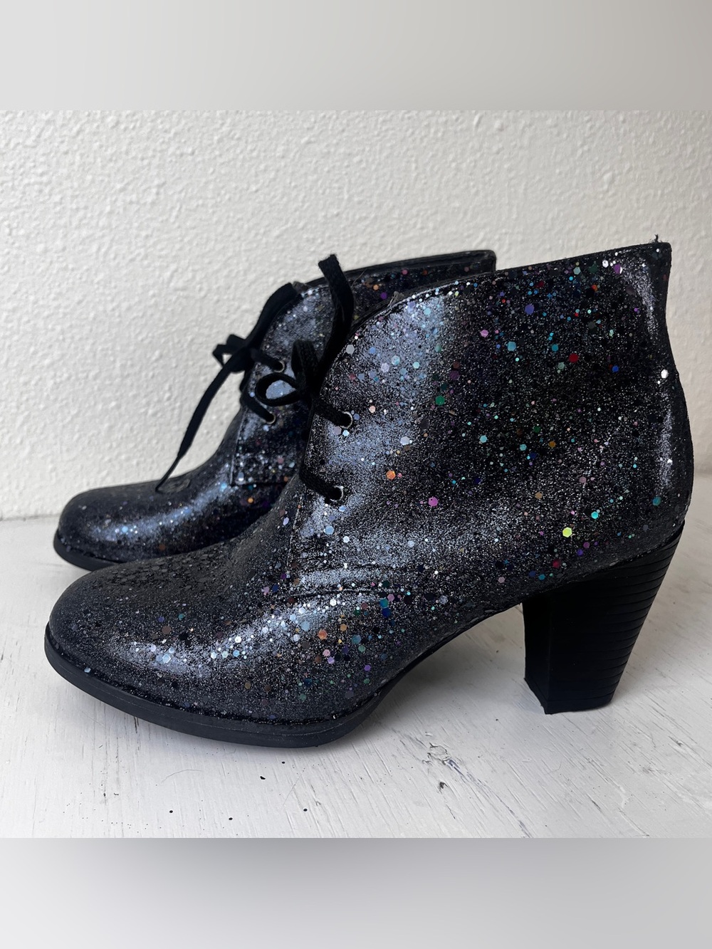 Unique custom black holographic glitter Clarks leather boots size 8